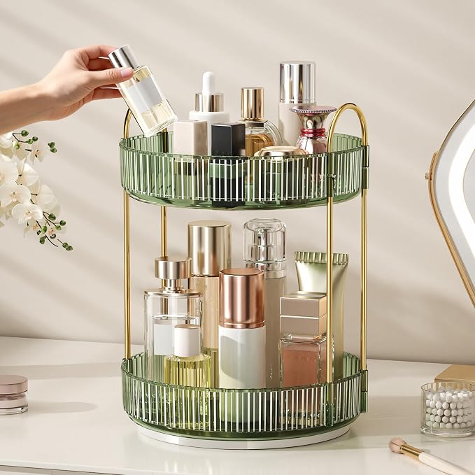 360° Rotating Makeup Organizer, Large Capacity Skincare Organizer, 2 Tier Cosmetic Skin Care Perfume Dresser Organizer, Fits Cosmetics, Perfume, Skin Care, Lipstick