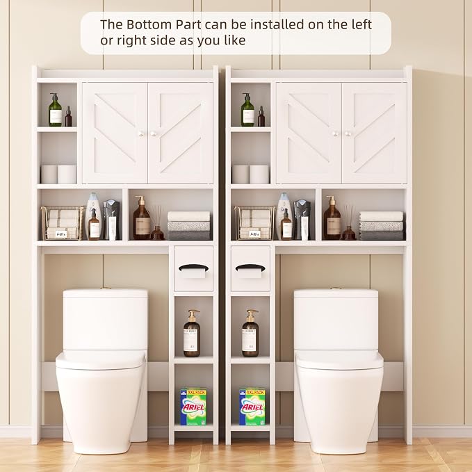 Shintenchi Over the Toilet Storage Cabinet, Bathroom Storage Cabient with Barn Doors, Bathroom Storage Shelf Organizer with Toilet Paper Holder, Adjustable Shelf and Anti-Tip Device, White