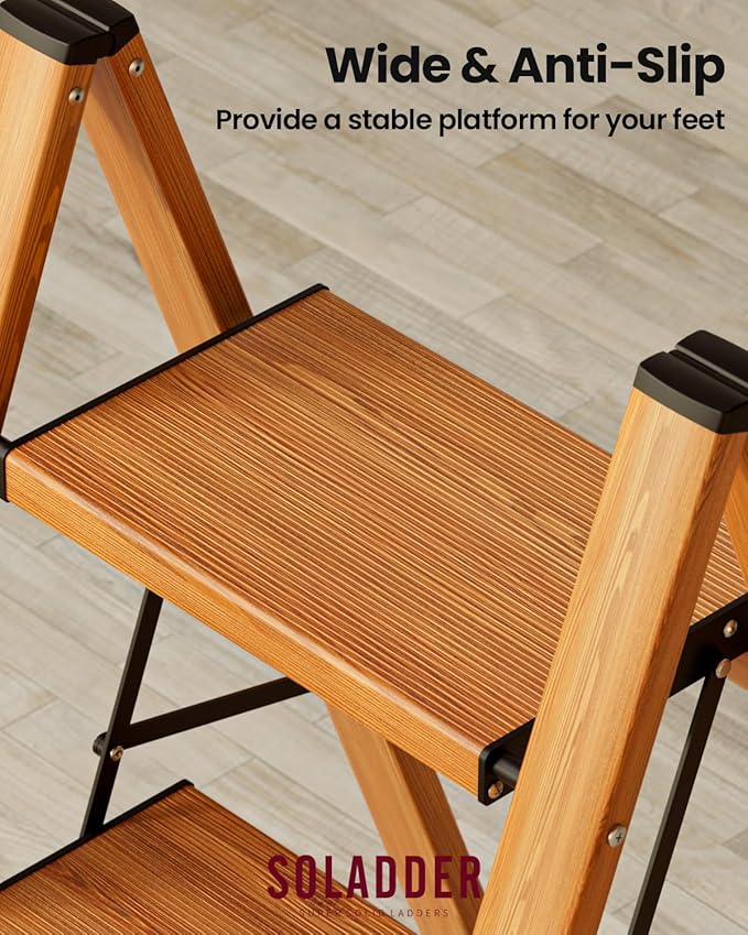 SOLADDER 2 Step Ladder, Folding Step Stool with Anti-Slip Wide Sturdy Pedal, Multi-Use for Home and Kitchen Use, Space Saving-Woodgrain(300lbs Capacity)