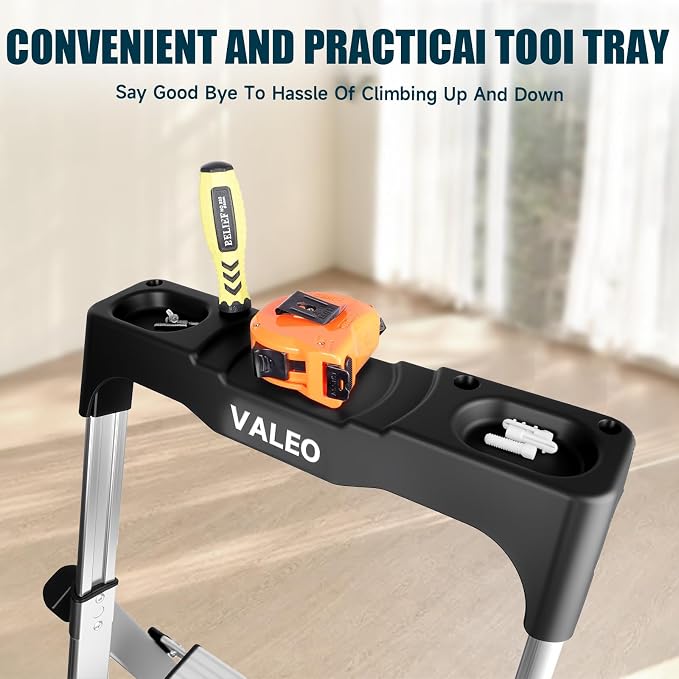 Valeo Aluminium 5 Step Ladder with Retractable Handgrip,Anti-Slip Pedal,330 lbs Capacity,Folding Step Stool for Kitchen, Garage, Home, Space Saving, Sturdy and Portable, Silver