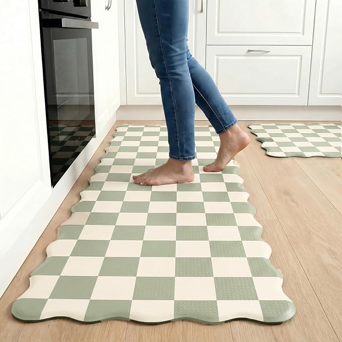 Scalloped Beige Sage Checkered Grid Checkerboard Kitchen Rug Sets [2 PCs], Anti-Fatigue, Waterproof Non-Slip Kitchen Mats Heavy Duty Comfort Foam Rug for Kitchen, Floor, Laundry,17"x29"+17"x47"
