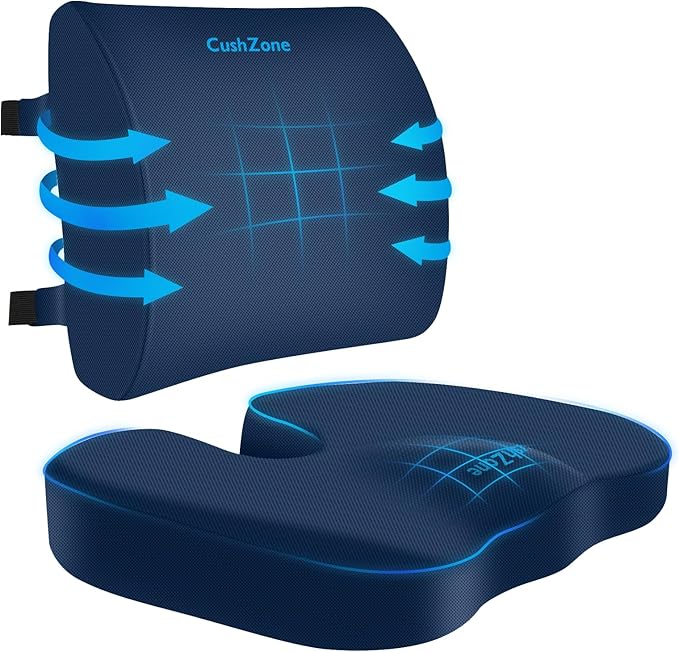CushZone Seat Cushion, Lumbar Support Pillow with Adjustable Strap-Chair Cushions for Sciatica Pain Relief-with Washable Cover Memory Foam for Car, Travel and Wheelchair-Blue X-Large