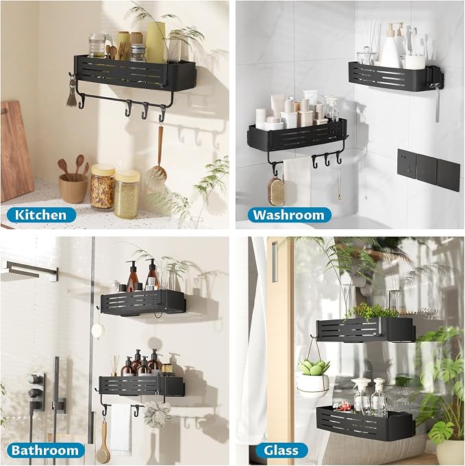 Onemake Shower Caddy Suction Cup,2-Pack Shower Shelf Organizer, Bathroom Suction Shelves with Portable Hooks, Shower Caddies Corner with Towel Bar,Matte Black