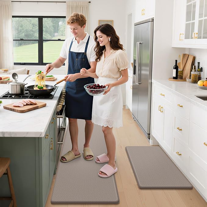 StepLively Kitchen Mat, 2 PCS Kitchen Rugs, Cushioned Kitchen Mats for Floor, Anti Fatigue Kitchen Rug Set, Non-Skid Standing Mat for Kitchen, Office, Sink, 17.3"x30"+17.3"x59", Khaki