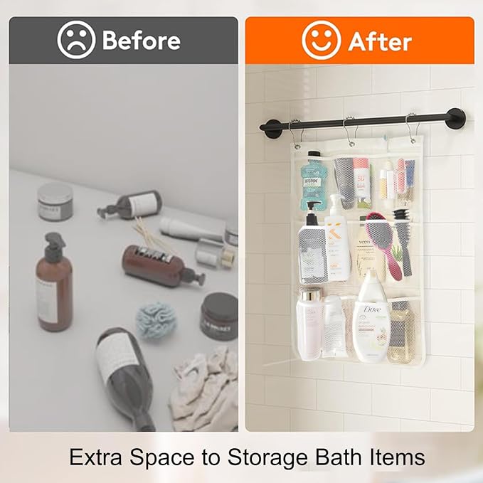 Bathroom Hanging Shower Organizer, 8 Pockets Mesh Shower Caddy with Easy Drying Mesh, Over The Door Bathroom Hanging Organizer for Soap, Shampoo and Cruise Essentials, White, 2 Pack
