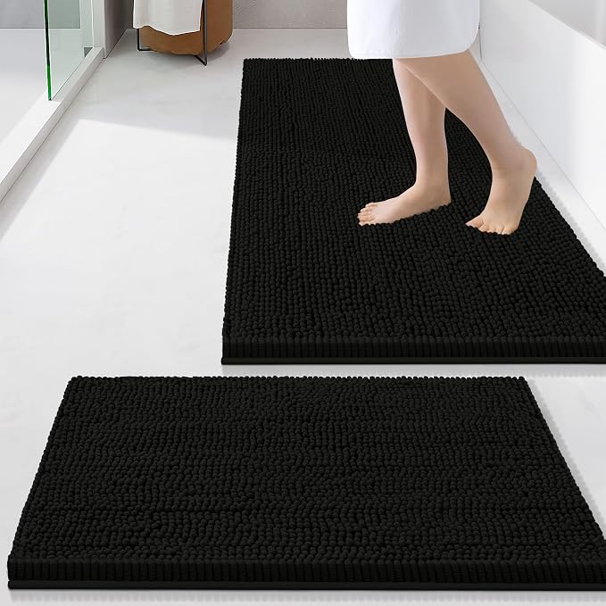 Smiry Bathroom Rugs Sets 2 Piece, Soft Absorbent Chenille Machine Washable Non Slip Shaggy Bath Rug Set for Tub, Shower, and Floor (34x21+24x16, Black)
