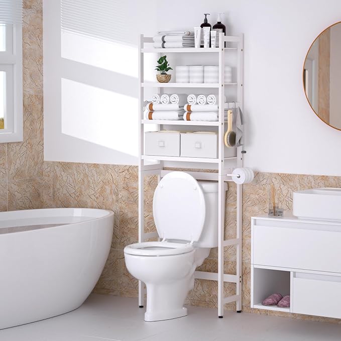 Cozivolife Over The Toilet Storage: 4-Tier Bamboo Organizer Rack with 2 Baskets & Paper Holder & 4 Hooks & Waterproof Feet Pad, Adjustable Freestanding Shelf for Bathroom (White)