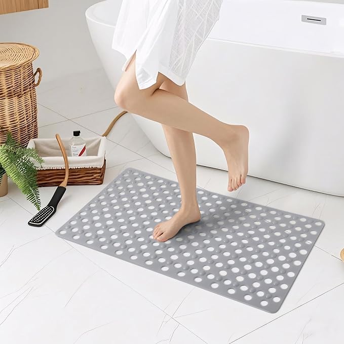 Non Slip Bathtub Mat and Shower Mat 31x17 inch,Bath Mat with Quick Dry Drain Holes and Suction Cups, Soft Comfortable Safe Bathroom Mat for Bath Tub, Floor, Tile (Grey)