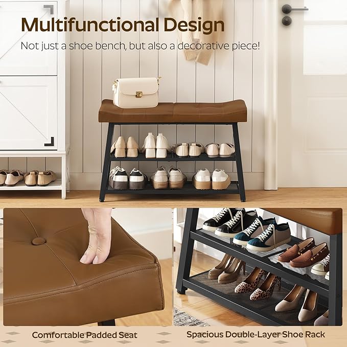 YATINEY Shoe Bench, 3-Tier Shoe Rack, Entryway Bench with Storage and Cushion, for Hallway, Foyer, Bedroom, Brown and Black HX02BV