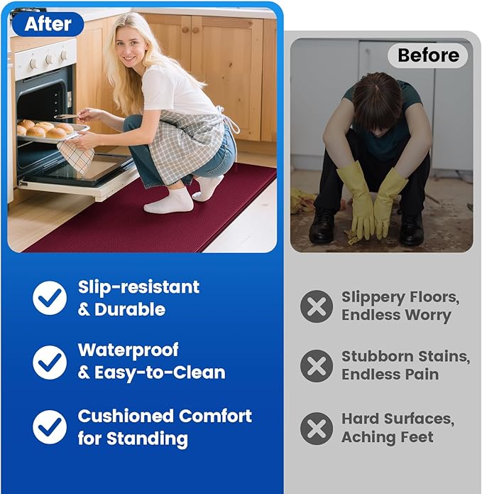 KitchenClouds Kitchen Mats for Floor,3PCS Kitchen Rugs,Non Slip Anti Fatigue Mats for Kitchen Floor,Waterproof Sink Mat,Cushioned Standing and Comfort Mats for Office,Red