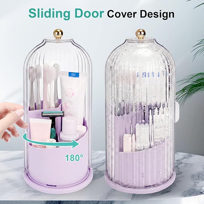 QIYVLOS Toothbrush Holders with Sliding Lid, Rotating 3 Slots Bathroom Organizer Countertop, Tooth Brush Toothpaste Holder Bathroom Counter Stand Sink Organizer for Makeup Brushes Holder (Purple)