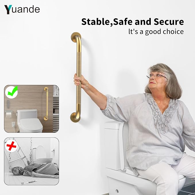 24 Inch Anti Slip Shower Grab Bar, YuanDe Brushed Gold Stainless Steel Bath Grab Bar, Knurled Bathroom Safety Rail, Shower Handrail Support, Handicap Elderly Balance Assist Handles-1.25" Diameter