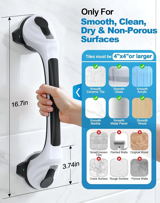 Grab Bars for Shower and Bathtubs 16.7 Inch, Shower Handle with Indicators, Suction Cup Handle for Shower Chair Stool, Safety Gifts for Seniors, Elderly & Handicap, 2 Pack