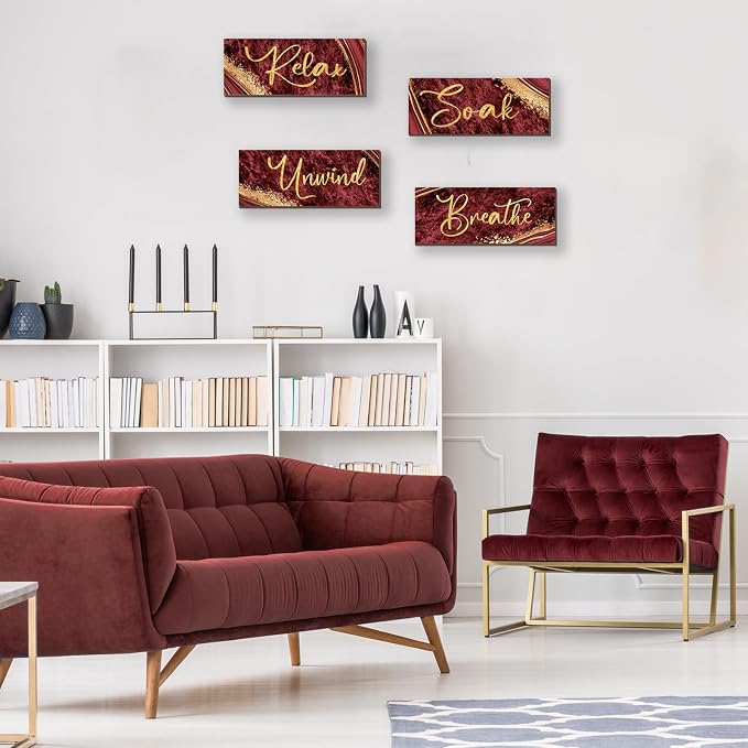 ONIZHITY 4 Pcs Red and Gold Bathroom Decor Red Gold Wall Decor Relax Soak Unwind Breathe Wooden Rustic Red Marble Style Bathroom Accessories for Bedroom Living Room Office Decor (10X4)