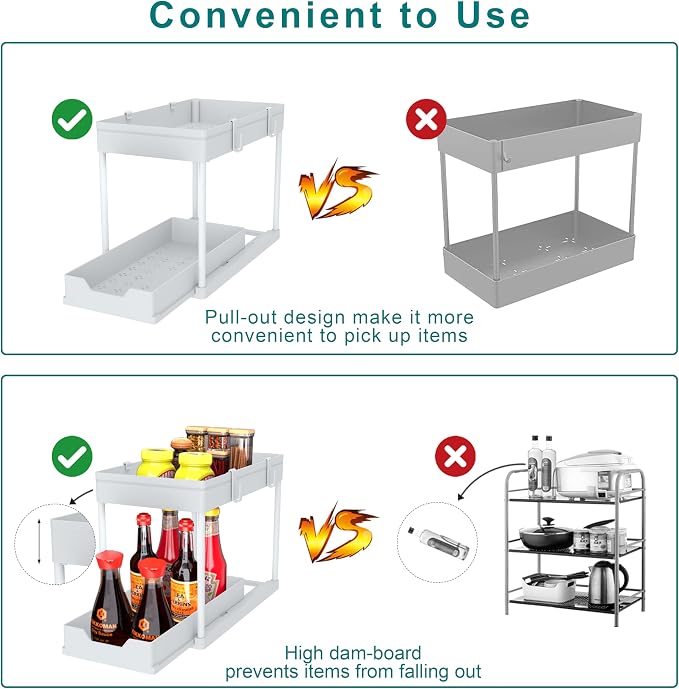 Under Sink Organizer - 2 Pack | Pull out Bathroom Organizer | 2 Tier Slide out Bathroom/Kitchen Organizers and Storage | White