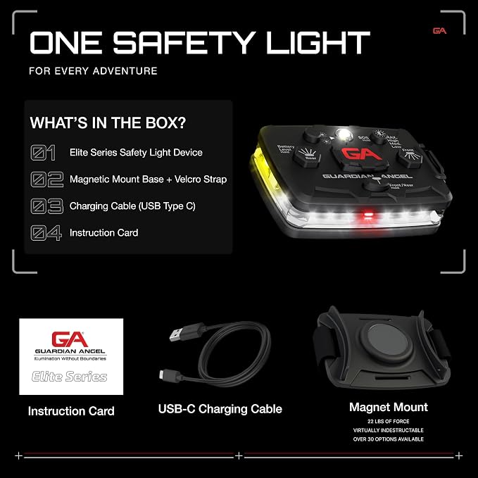 Guardian Angel Elite Series Safety Light, Beacon Device (White Front & Red/Yellow Rear) Rechargeable, Magnetic, Hands-Free Wearable & Mountable LED Flashlight for Construction, Utilities, & Roadside