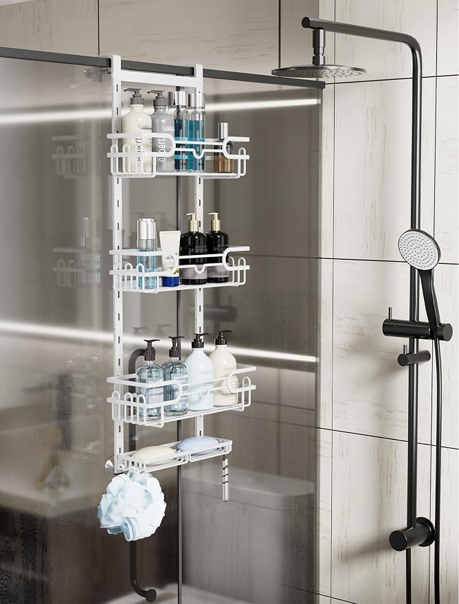 Consumest Over The Door Shower Caddy - 4 Tier Adjustable Hanging Shower Organizer Shelf with 2 Soap Holders & 22 Hooks, Rustproof Easy Installation Hanging Storage Rack for Bathroom, White