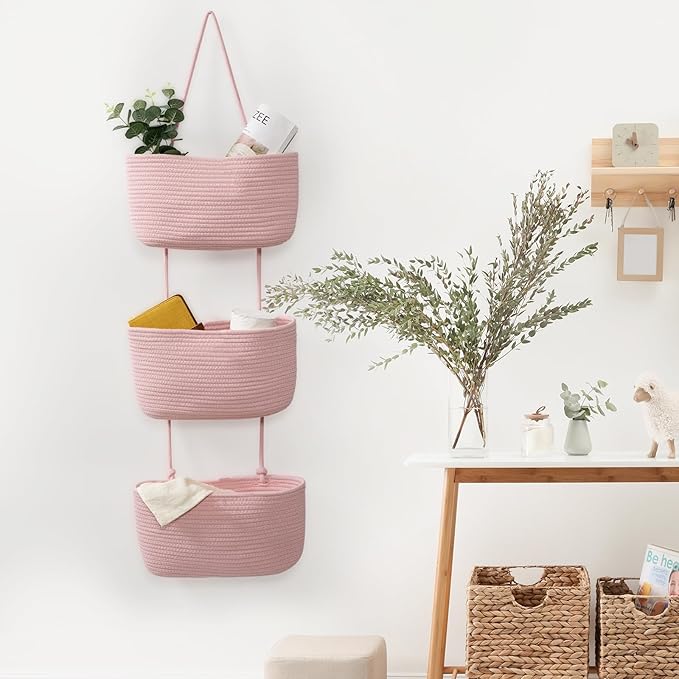 TeoKJ Over the Door Hanging Basket, 3-Tier Woven Cotton Wall-Mounted Storage Organizer Bag Decorative Hanging Nursery Baskets, Pink