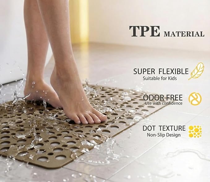 Nonslip Bathtub Mat Extra Soft TPE Bath Mat for Kids, Machine Washable Bathroom Shower Mat, Smooth/Non-Textured Tubs Only, 30 L x 17 W Inch (Brown)