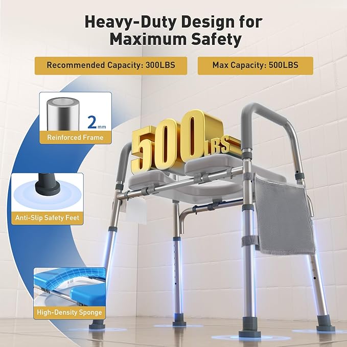 WHLICKS 500lbs Raised Toilet Seat with Handles – Adjustable Width Elevated Seat, Cozy Padded Toilet Seat Risers for Seniors, Handicap & Disabled, Fits All Toilets, Gray