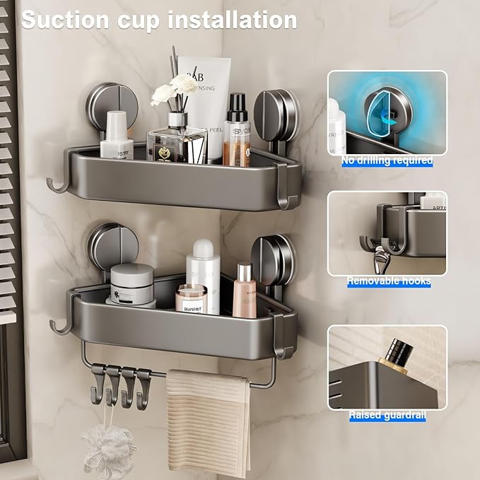 Mustorn Suction Cup Shower Caddy Corner, 1 Pack Suction Corner Shower Shelves No Drilling, Rustproof Shower Organizer Suction Cup with Towel Holder & Hooks Removable Bathroom Storage Rack(Gray)