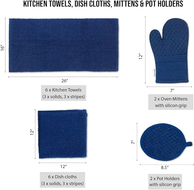LANE LINEN Tea Towels - 16 Pc Set with Silicone Oven Mitts and Pot Holders, Cotton Kitchen Towels, Absorbent Dish and Hand Towels - Indigo
