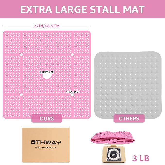 OTHWAY Square Shower Mat, 27"x 27" Extra Large Shower Mats for Inside Shower, TPE Anti Slip Shower mat with Suction Cups Drain Holes, Machine Washable Shower Floor Mat (Pink)