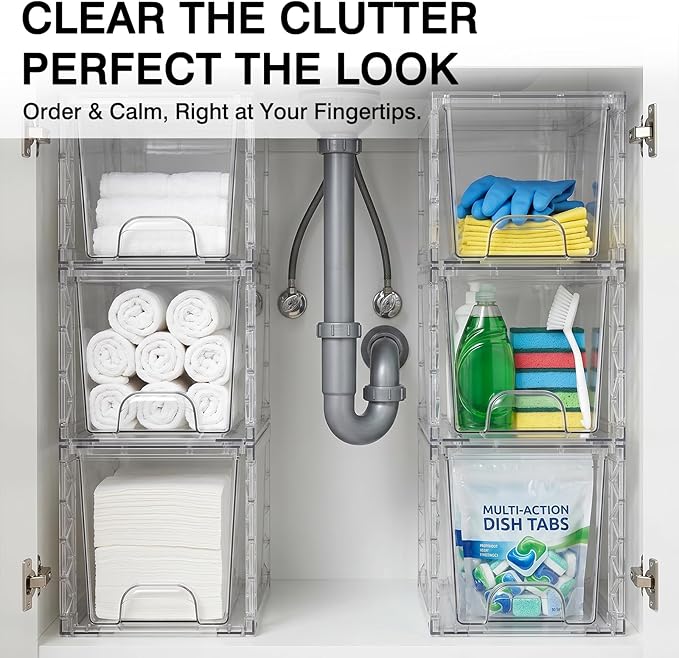 Bathroom Organizers and Storage Boxes 6 Pack, 7in Plastic Stackable Drawers Simply Assembled Containers Bins Suitable for Cosmetics, Kitchen, Cabinets, and Snack
