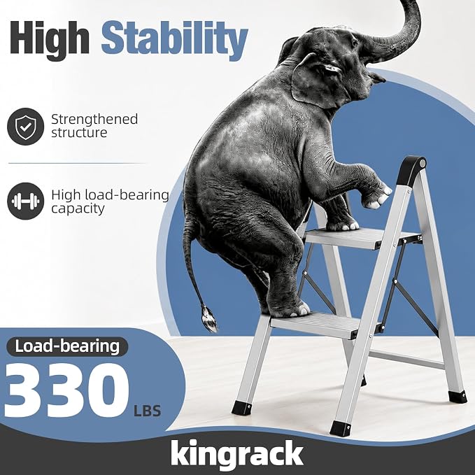 KINGRACK Aluminum Step Ladder, 2 Step Ladder Folding Design, Step Stool Foldable with Safe Grip, Non-Slip Handrails, Safety Lock, Heavy Duty 330LBS for Home, Kitchen, Garage, RV, Sliver