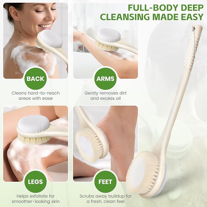 Back Scrubber for Shower with Long Handle, Dual-Sided Bath Brush with Soft Bristles & 150D Exfoliating Cloth, Anti-Slip Grip, Lightweight Back Washer for Shower, Men & Women (Light Yellow)