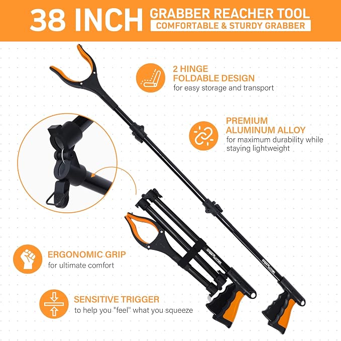 38" Extra Long Grabber Reacher Tool – 2 Pack Extra Long Foldable Reacher Grabber Pickup Tools with 360° Rotating Jaw - Heavy Duty Pick Up Grabbers for Seniors, Trash, Surgery Recovery (Orange Blue)