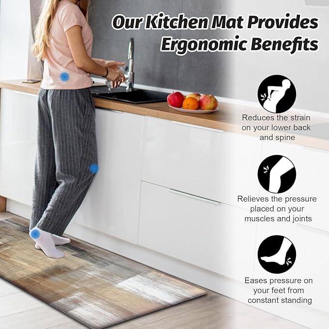 MAYHMYO Kitchen Rugs and Mats Set of 2 Brown Black Beige Anti Fatigue Mat PVC Non Slip Kitchen Mats for Floor, Bathroom, Desk, Runner, Laundry,17.3 x 29 x 0.4 inch + 17.3 x 47 x 0.4 inch