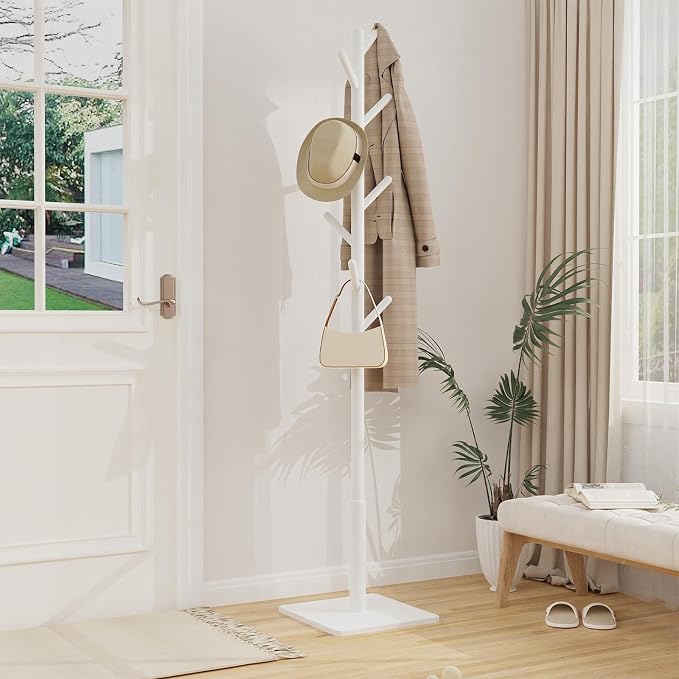 Coat Rack Freestanding with Stable Square Base for Cloathes, Hat, Used in Bedroom, Office and Entryway, Sturdy and Easy Assembly Coat Tree with 3 Adjustable Sizes and 8 Hooks, White