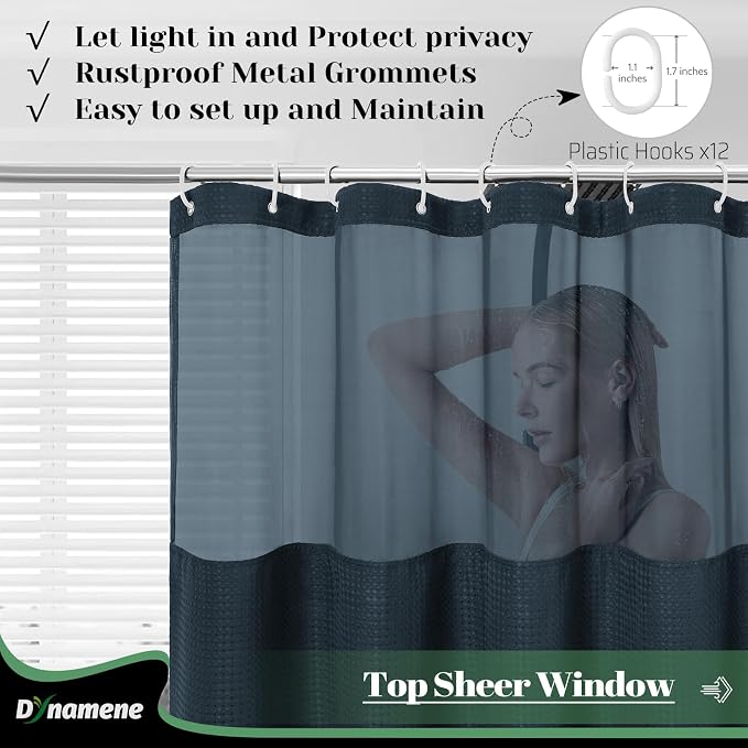 Dynamene Extra Long Shower Curtain, 84 Inch Long Waffle Fabric Shower Curtain for Bathroom, Tall Waterproof Cloth Shower Curtain Liner Set with Hook, Snap in Liner, Mesh Top Window, Navy Blue, 72x84