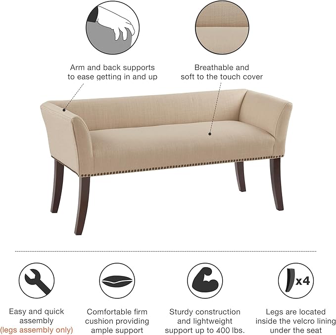 Madison Park Accent Bench, Upholstered with Nailhead Trim, & Padded Seat Entryway Bench Small, End of Bed Bench with Back, 49.5" W x 19.25" D x 23" H, Tan