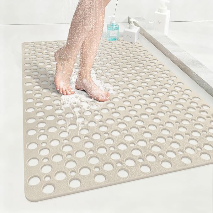 Anti Slip Shower Mat with Suction Cups,23.6x35.4 Inch Quick Drain TPE Non Slip Shower Mats for Inside Shower,Large Bath Mat for Shower Soft on Feet, Easy to Dry&Cut Machine Washable