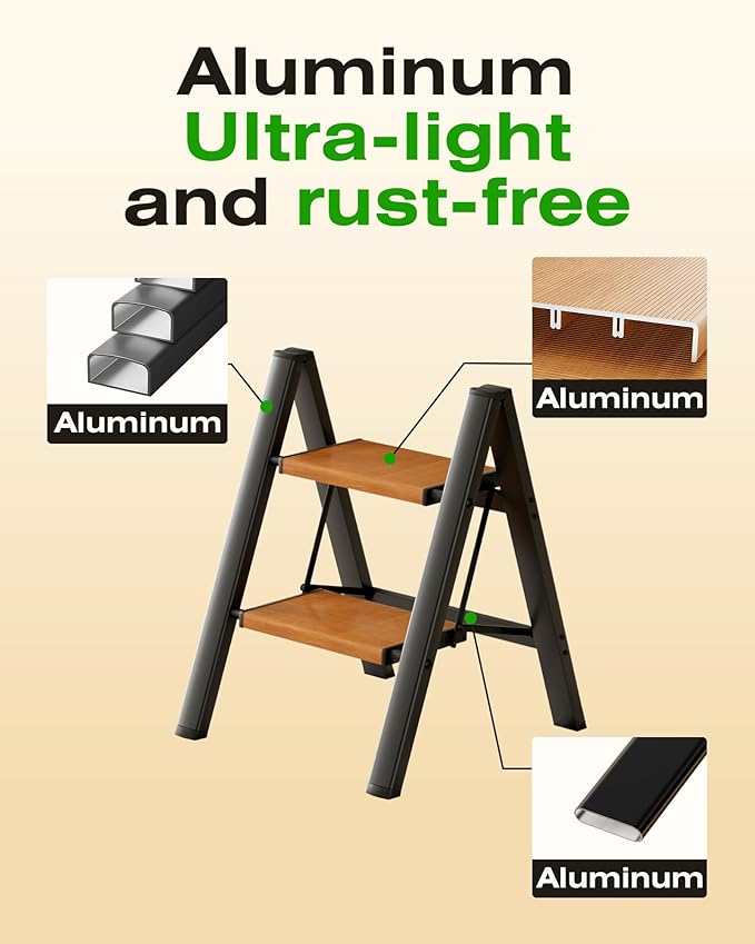 Taranta 2-Step Aluminum Ladder,Lightweight Folding Step Stool with Extra-Wide Anti-Slip Steps,330 lbs Capacity,Compact Space-Saving Design for Home,Kitchen and