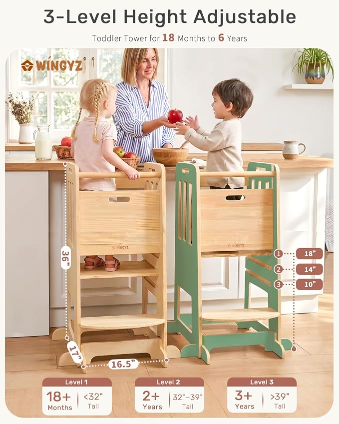 WINGYZ Toddler Tower - Anti-Tip Natural Wood Learning Stool Helper for Kids 18M-6Y, 150lb Capacity Kitchen Stool with 3-Height Adjustable Platform and Sliding Door Access, 20lb Portable Design, Green