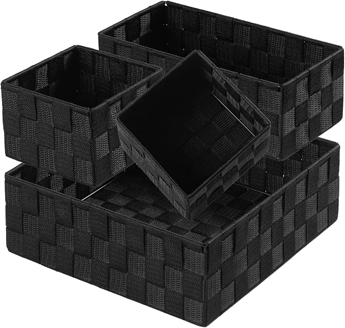 Posprica Small Black Baskets Cube Bin Container Tote,Woven Storage Baskets for Organizing Organizer Divider for Drawer, Closet, Shelf, Dresser, Set of 4