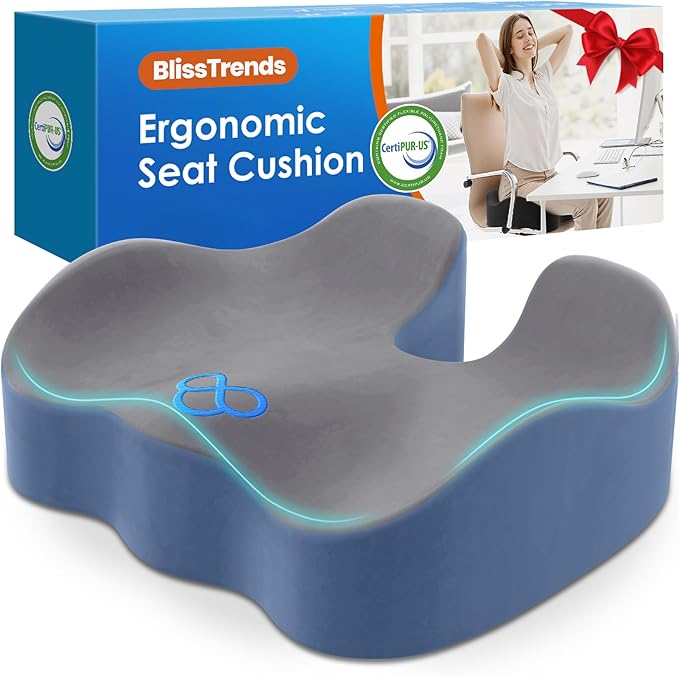 BlissTrends Seat Cushion,Thick Memory Foam Cushions for Office Chair, Car Seat, Airplane, Relieving Pressure Tailbone Sciatica Back Pain for Office Workers, Car Drivers 4.7in Thick Dark Grey&Blue