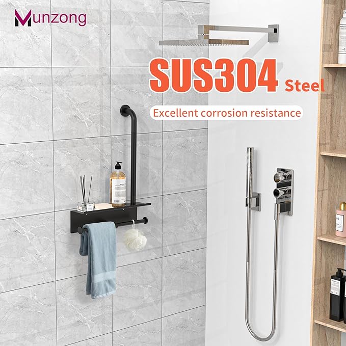 Bathroom Grab Bar with Shower Shelves,Munzong Black Toilet Paper Holder 3 in 1 Bathroom Organizers and Storage, Anti Slip Stainless Steel Safety Hand Rail for Handicap Elderly Senior Assist