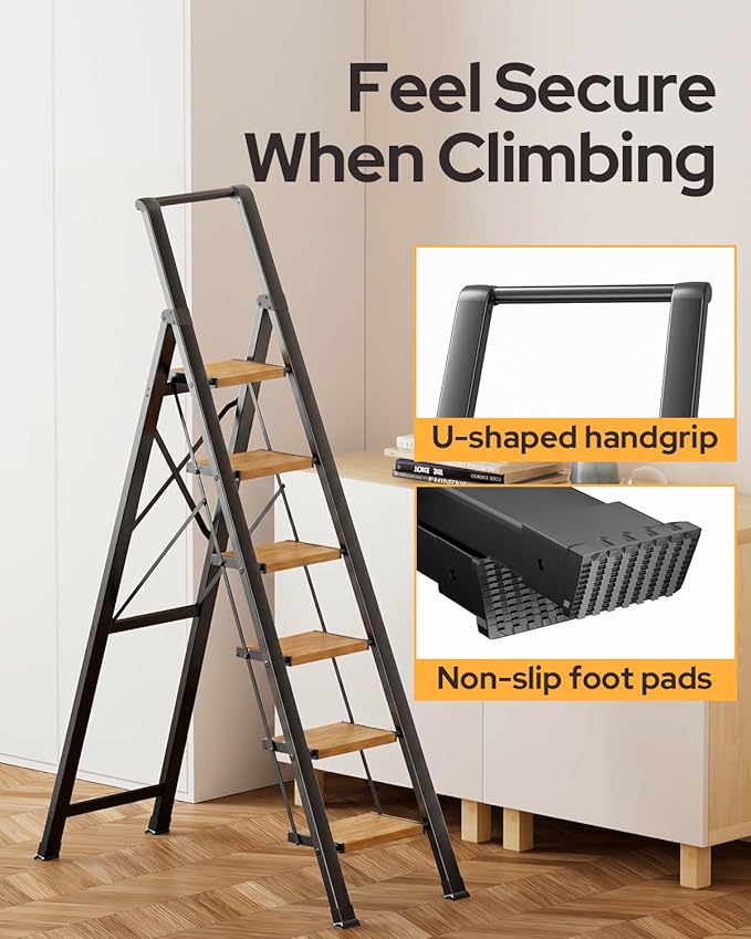 6 Step Ladder for 12 Feet High Ceiling, Lightweight Aluminum Folding Step Stool with Convenient Handgrip, Stepladders with Anti-Slip and Wide Pedal for Home Use Space Saving - Black+Woodgrain