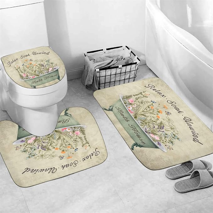 Nkzply 4 Pcs Green Floral Shower Curtain Set Vintage Flowers Leaves Bathroom Sets with Shower Curtain and Rugs Rustic Plant Farmhouse Bathroom Decor Country Bathtub Bathroom Rugs Toilet Lid Cover