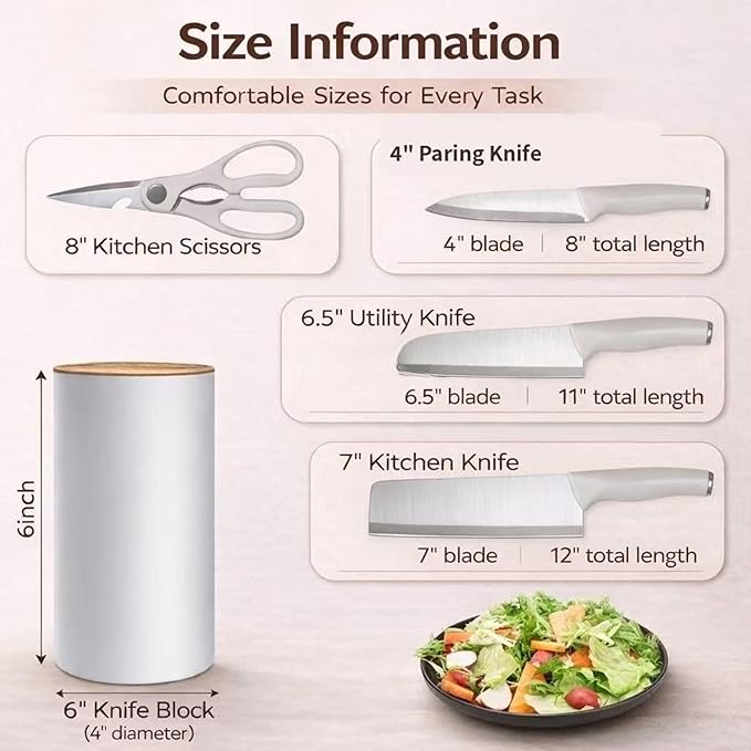 Small Knife Block Set, Modern Kitchen Knife Scissors with Universal Round Holder, Home Apartment New Kitchen Essentials, Space Saving, Keep Blade Dry(Beige White, 5PCS)