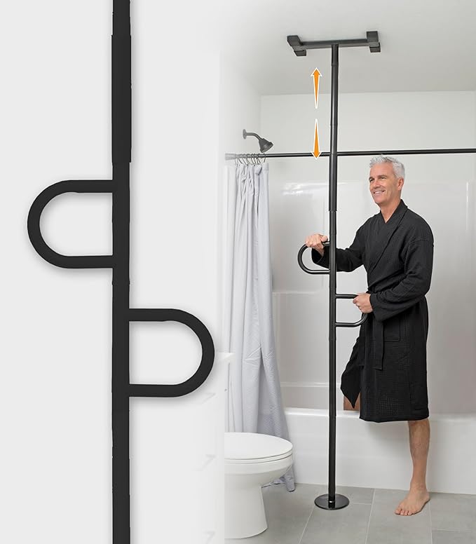 Stander Double Handle Non-Rotating Floor to Ceiling Grab Bar, No-Drill Tension Mounted Transfer Pole for Seniors, Bath Safety & Bedside Assist Rail for Home Standing Support & Fall Prevention, Black