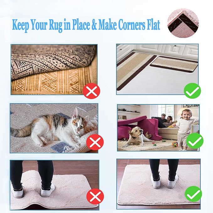 Rug Tape 12 Pcs Carpet Gripper Carpet Tape for Hardwood Floors Non Slip Rug Pad Grippers Rug Stickers Never Curl Rug Corner Gripper Rug Stoppers to Prevent Sliding Reusable Washable Black