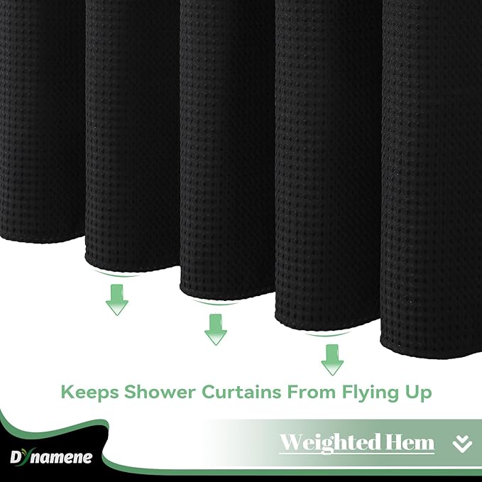 Dynamene Extra Long Shower Curtain, 84 Inch Long Waffle Fabric Shower Curtain for Bathroom, Tall Waterproof Cloth Shower Curtain Liner Set with Hook, Snap in Liner, Mesh Top Window, Black, 72x84