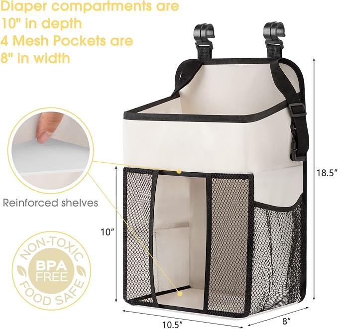 Maliton Hanging Diaper Organizer - Caddy for Changing Table, Crib, Pack n' Play - Stacker Holds 52+ Diapers - Nursery Organizer & Baby Shower Gifts - Beige