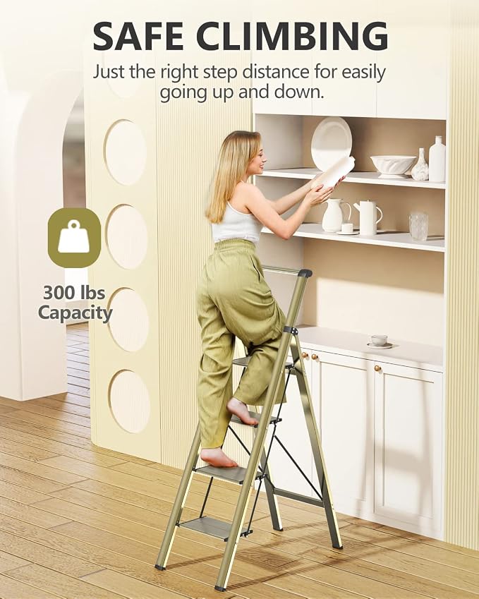 WOA WOA 4 Step Ladder, Ladders for Home, Anti-Slip Pedals, Aluminum Step Stool Foldable, Lightweight to Move, Ease of Storage, Reach 9ft for Closet Kitchen Library, Hold 300lbs - Gold