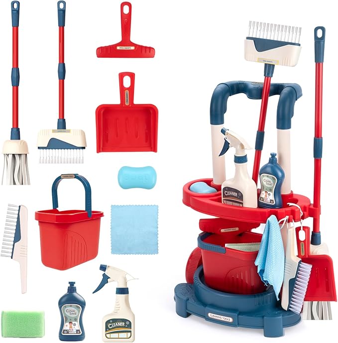 Toddler Cleaning Set, 12PCS Detachable Kids Broom and Dustpan Set Includes Mop, Brush, Scraper, Handcart, Bucket and More, Pretend Play Housekeeping Kit, Birthday Gift for Boys Girls Aged 3+